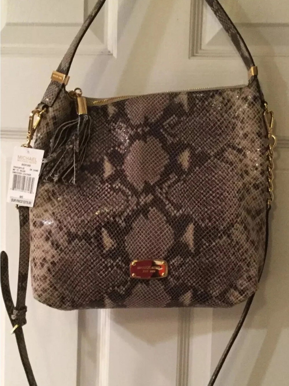 Michael Kors Taupe Leather Snake-Print Shoulder Bag NWT